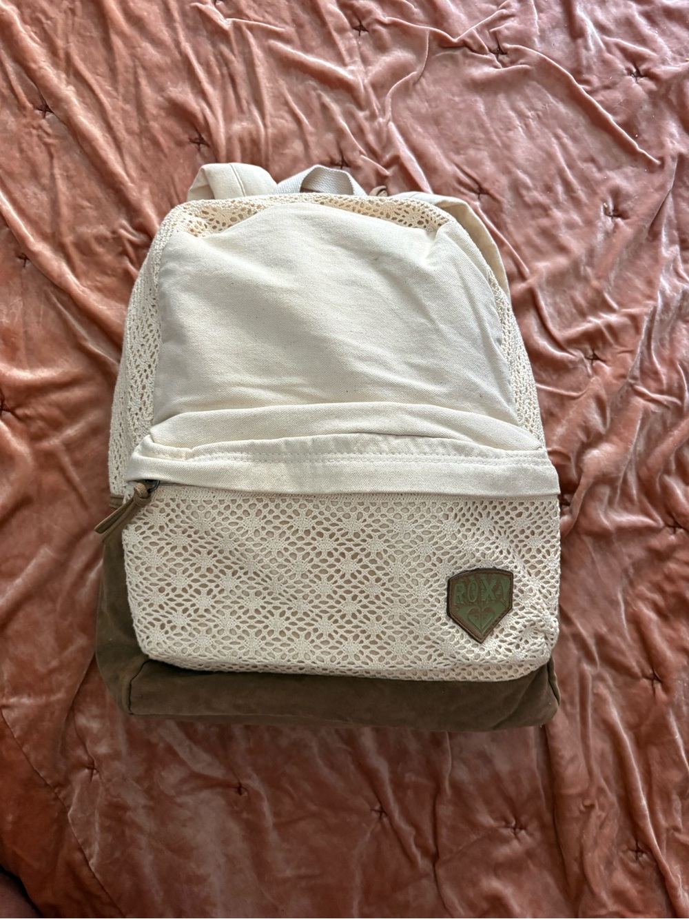Roxy Cream Crochet Front Backpack with Tan Suede Base